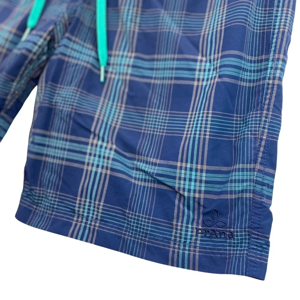 PrAna Swim Trunks Board Shorts‎ Men 34 Blue Teal Plaid Hike UPF 50+ Unlined   9